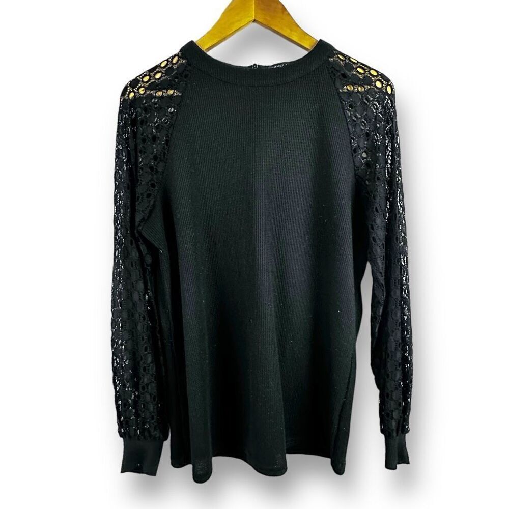 Miholl Women's L Eyelet Lace Sleeve Henley Top Black Waffle Knit Long Sleeve‎